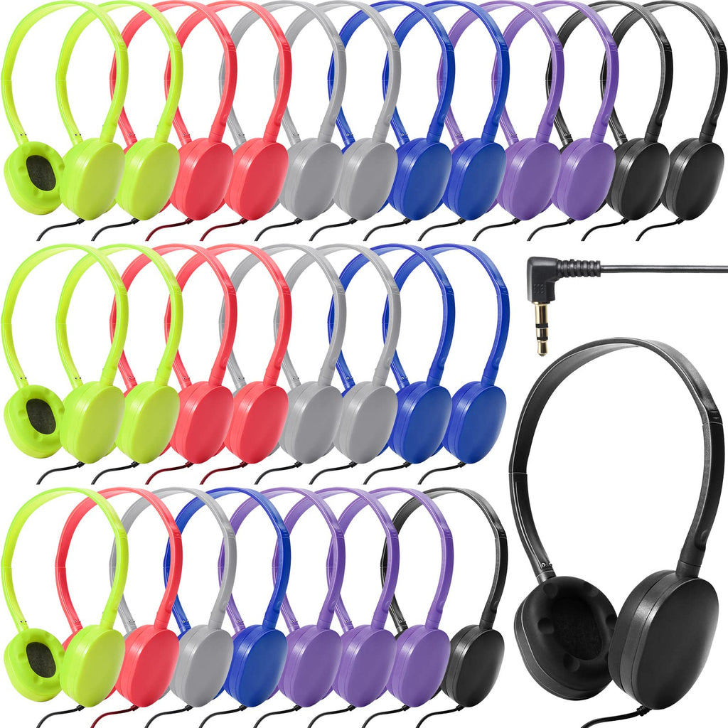 30 Pack Wired Headphones Adjustable On Ear Headphones Kids Headphones with Stereo Children Headphones Earbuds for Kids Boys Girls Schools Laptop Travel Plane Tablet(Bright Colors)
