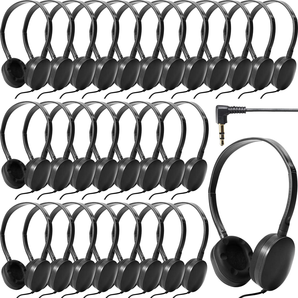 Flutesan 30 Pack Wired Headphones Adjustable On Ear Headphones Kids Headphones with Stereo Children Headphones Earbuds for Kids Boys Girls Schools Laptop Travel Plane Tablet (Black)