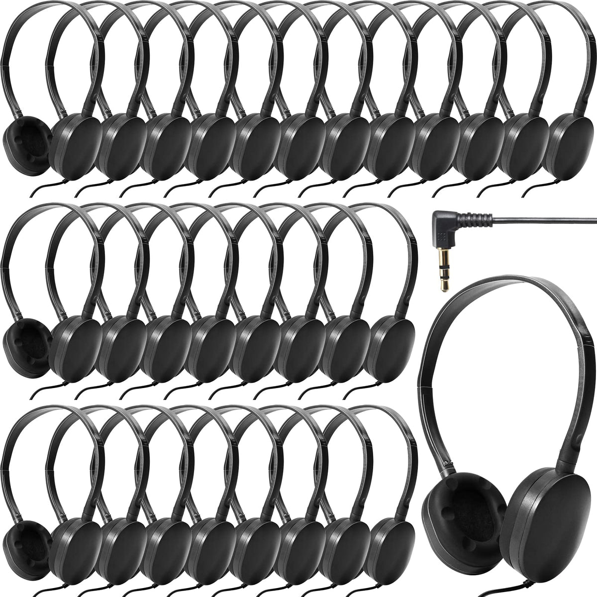Flutesan 30 Pack Wired Headphones Adjustable On Ear Headphones Kids Headphones with Stereo Children Headphones Earbuds for Kids Boys Girls Schools Laptop Travel Plane Tablet (Black)